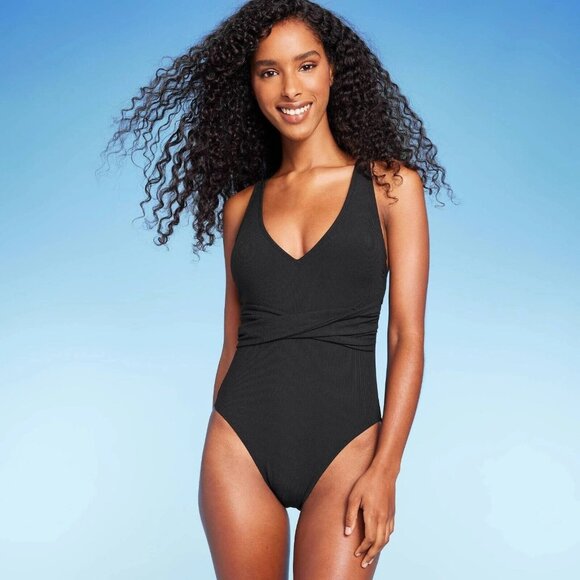 Shade & Shore Black Ribbed Twist & Plunge Front 1 Pc Swimsuit - Picture 1 of 6